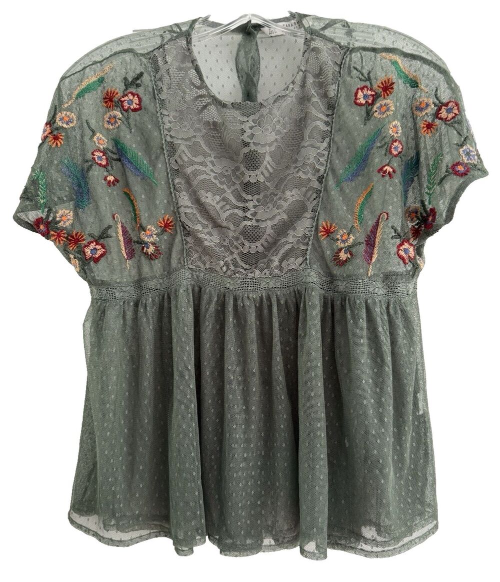 Zara Women's Moss Green Sheer Floral Lace Embroidered Button Blouse XS Boho Dots